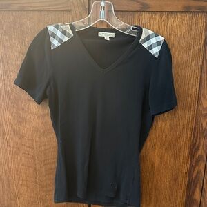 Burberry Black Short Sleeve V-Neck Tee with Check Shoulder Detail